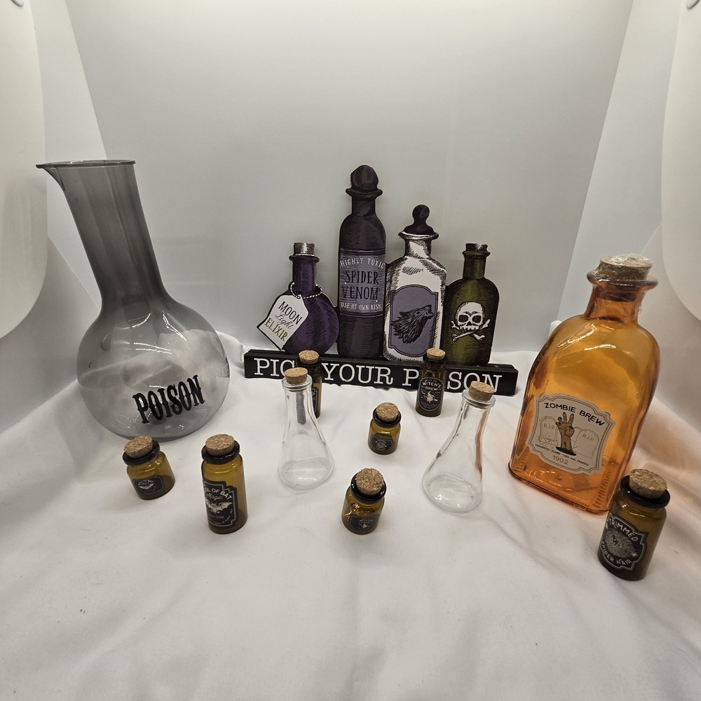 Lot of Halloween Apothecary Jars And Bottles with Labels, & standing Sign decor.